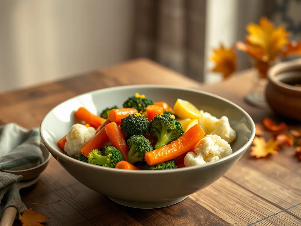 Bowl of vibrant steamed vegetables including broccoli, carrots, and cauliflower, showcasing the microwave trick for enhanced flavor.