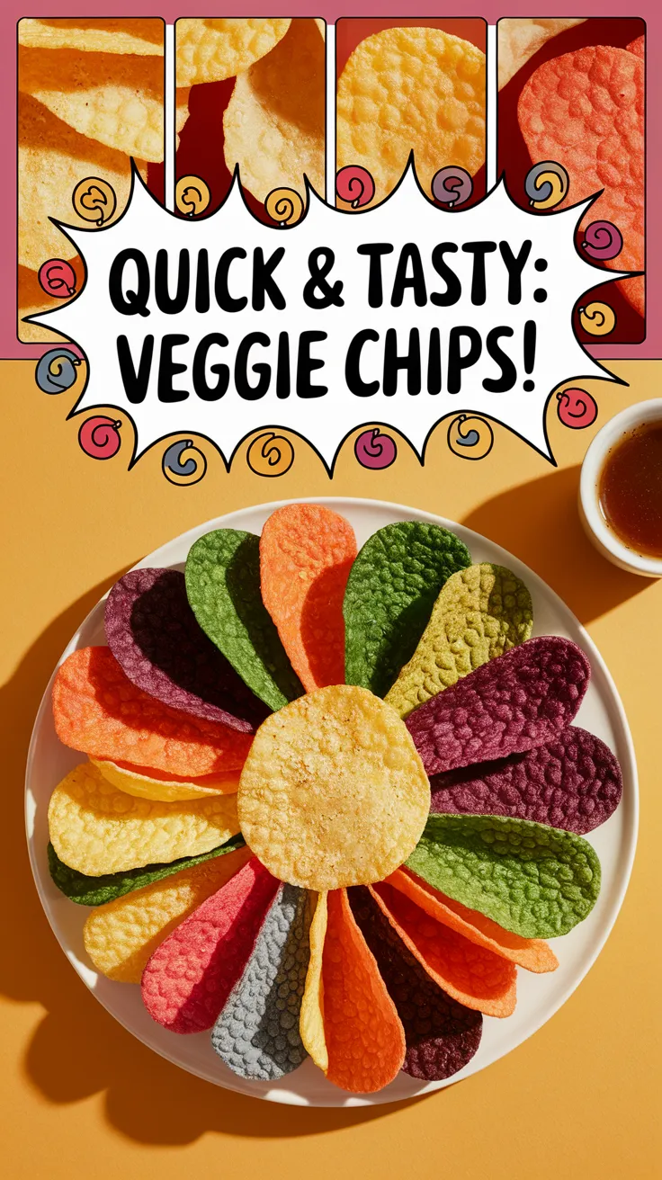 Colorful veggie chips arranged in a flower shape for a quick and healthy snack.