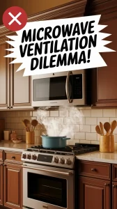 Image illustrating the microwave ventilation crisis with visible steam from cooking, highlighting issues with over-the-range models.