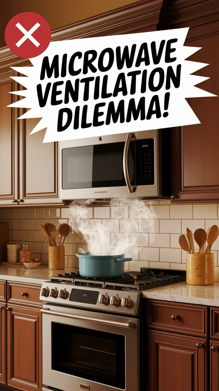 Image illustrating the microwave ventilation crisis with visible steam from cooking, highlighting issues with over-the-range models.