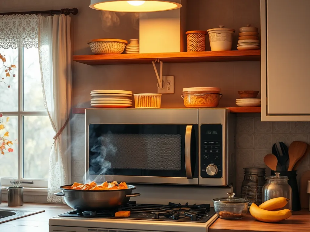 Over-the-range microwave venting kitchen with food cooking and steam rising