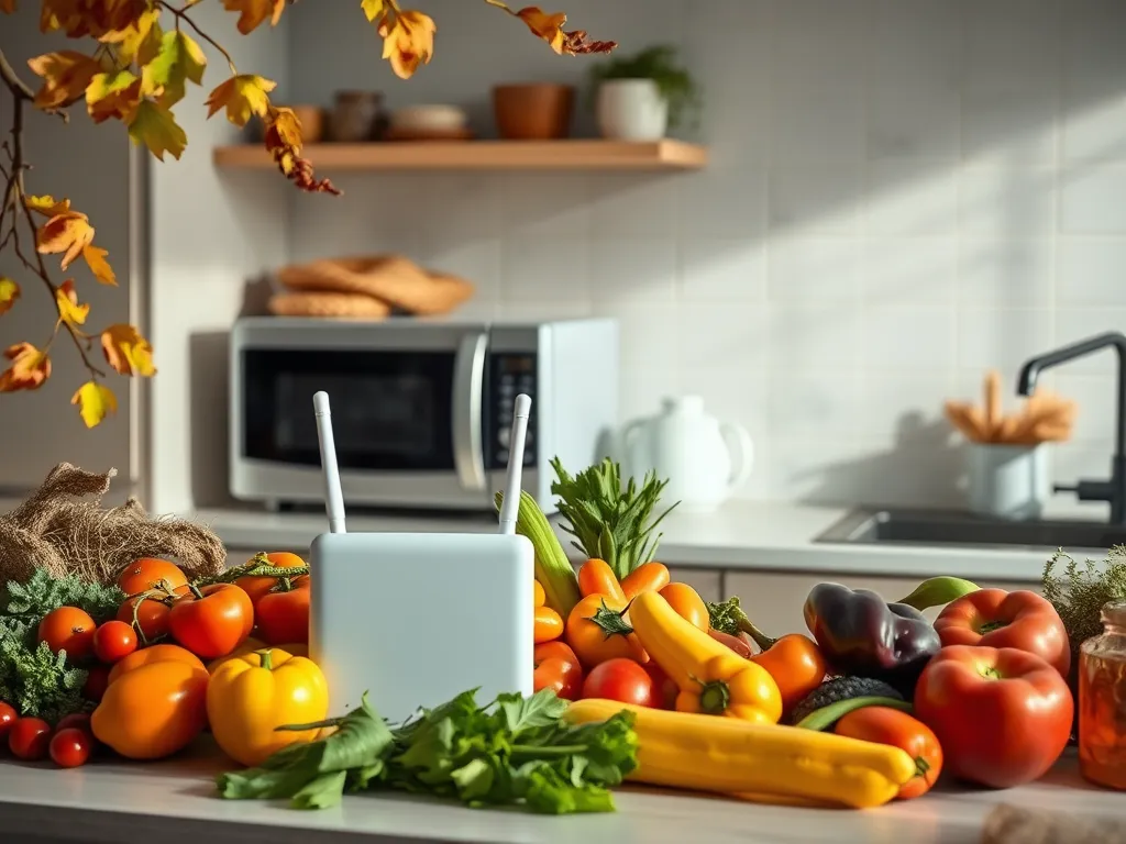 Microwave oven and WiFi router surrounded by fresh vegetables, illustrating home technology and health concerns.