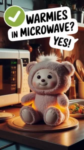 A cute teddy bear like warmie sitting in front of a microwave, indicating it's safe to microwave.