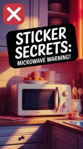 A microwave in a kitchen with a sticker warning about warranty voids, highlighting sticker removal tips.