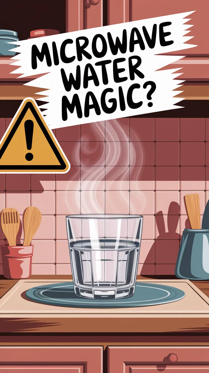 Illustration of a glass of water in a microwave setting, exploring if microwaving water changes its molecular structure.