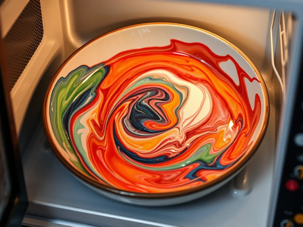 A bowl of vibrant, swirled watercolor paints inside a microwave, illustrating the effects of microwaving watercolor paints.