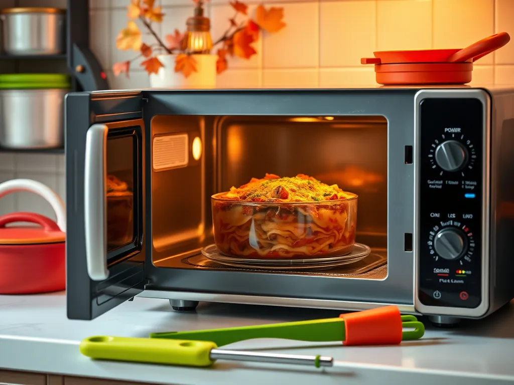 Close-up of a microwave displaying wattage symbols with a dish inside.