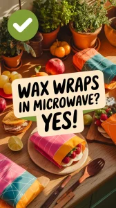 Eco-friendly wax wraps ready for microwave use in food storage.