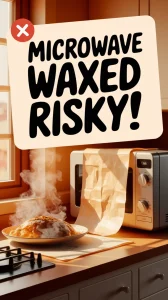 A microwave with waxed paper and food, highlighting the risks of microwaving waxed paper.