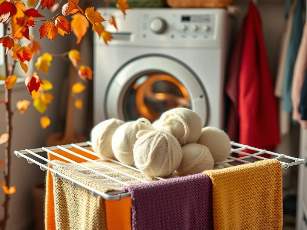 Wool dryer balls on a drying rack in front of a washing machine for fluffing.