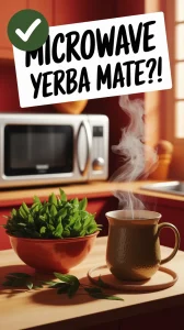 Microwaved yerba mate leaves and steaming cup for faster brewing