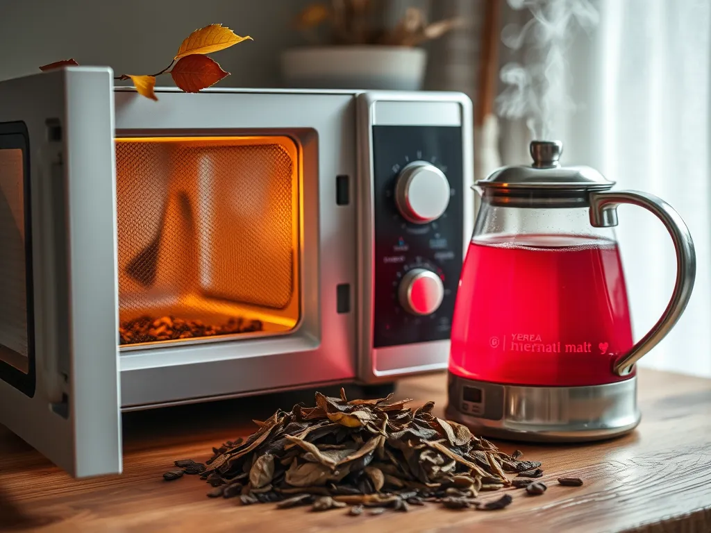 Microwave and pot with yerba mate leaves for faster brewing