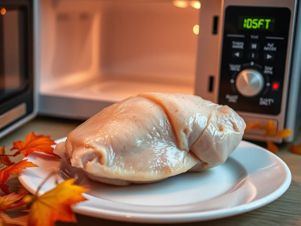 Raw chicken breast placed on a plate near a microwave showing defrost settings, relevant for Microwave Symbol Myths.