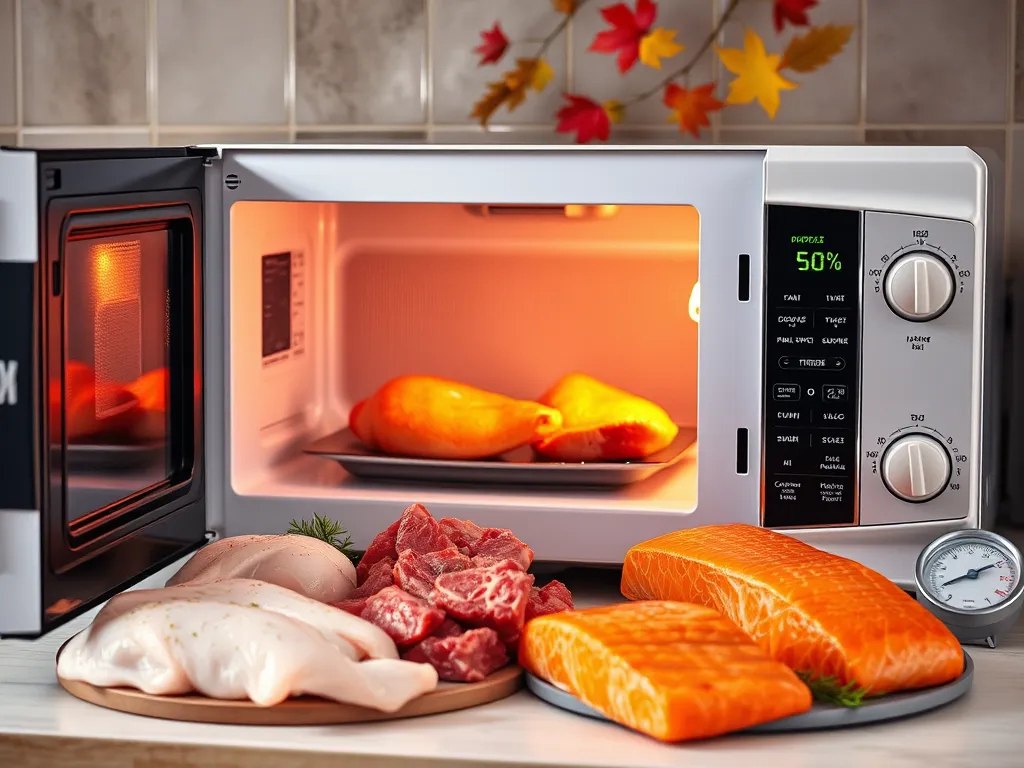 Microwave with meat displayed for defrosting, relevant to defrost myths.