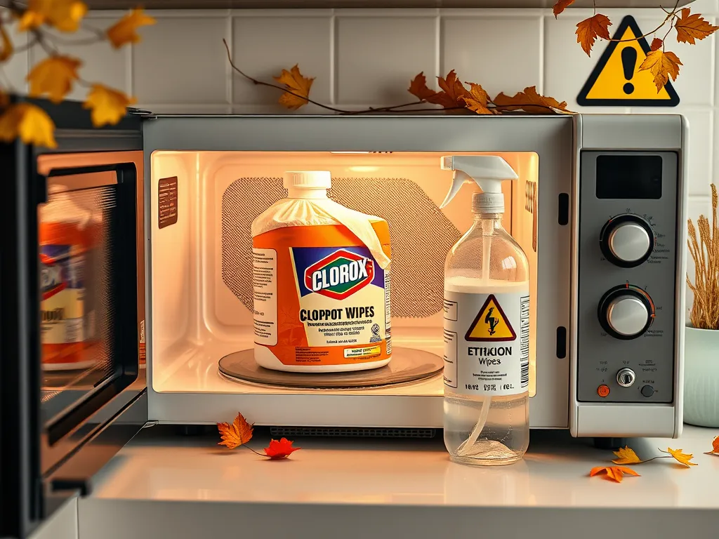 Microwave with cleaning supplies inside, showcasing the risks of using disinfectants in microwaves.