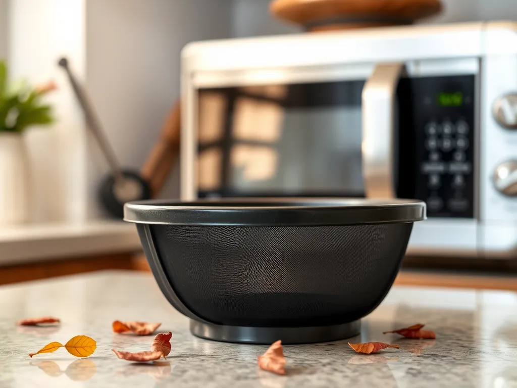 A black mesh filter placed on a countertop, related to microwave filter replacement for airflow efficiency.