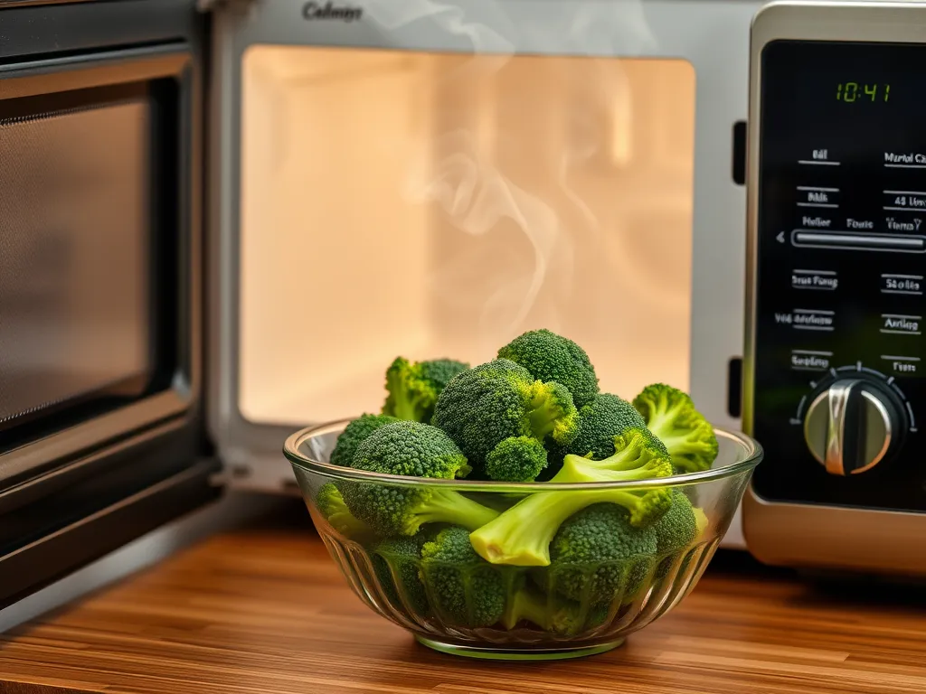 Bowl of broccoli inside a microwave highlighting time-saving features