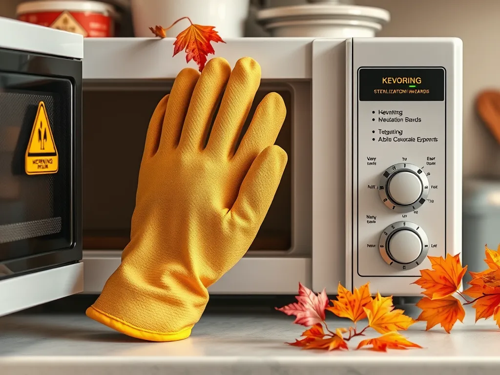 Image of a hand in a yellow Kevlar glove reaching into a microwave, related to sterilizing Kevlar gloves.