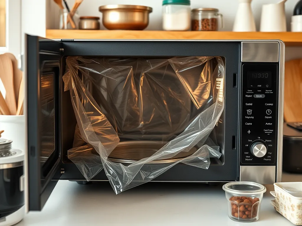 Microwave with plastic wrap inside, demonstrating the dangers of using plastic wrap during heating.