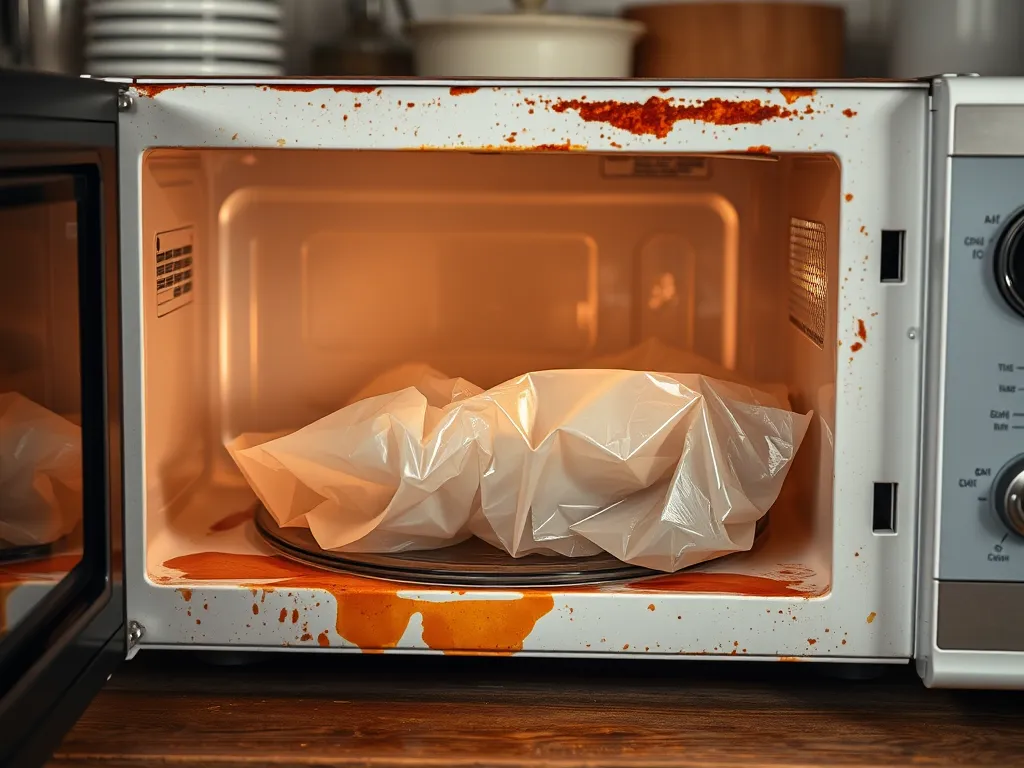Microwave interior showing melted plastic wrap causing damage