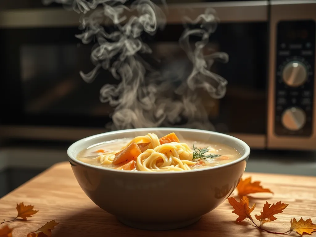 Steaming bowl of pasta representing potential microwave overload during pizza night.