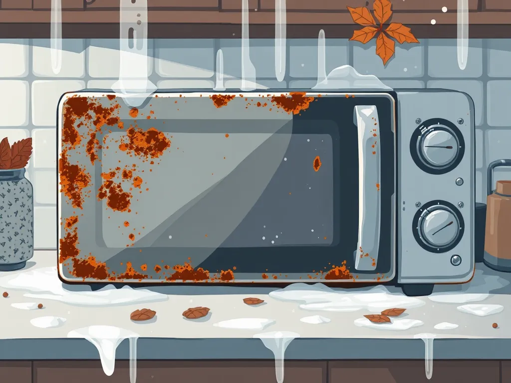 Rusty microwave showing effects of humidity and moisture damage