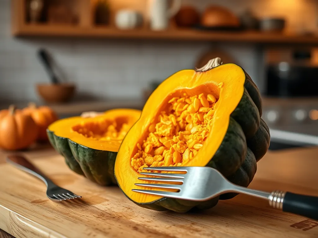 Half-cut acorn squash filled with custard filling, ready for microwaving.