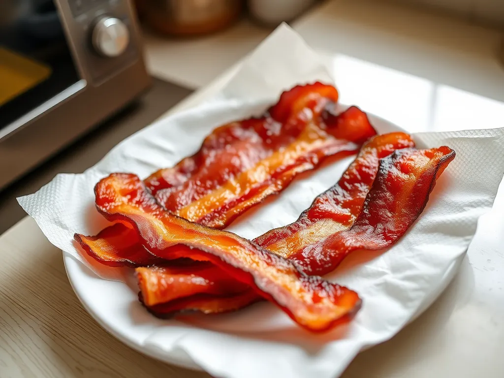 Perfectly microwaved bacon strips on a plate with paper towels