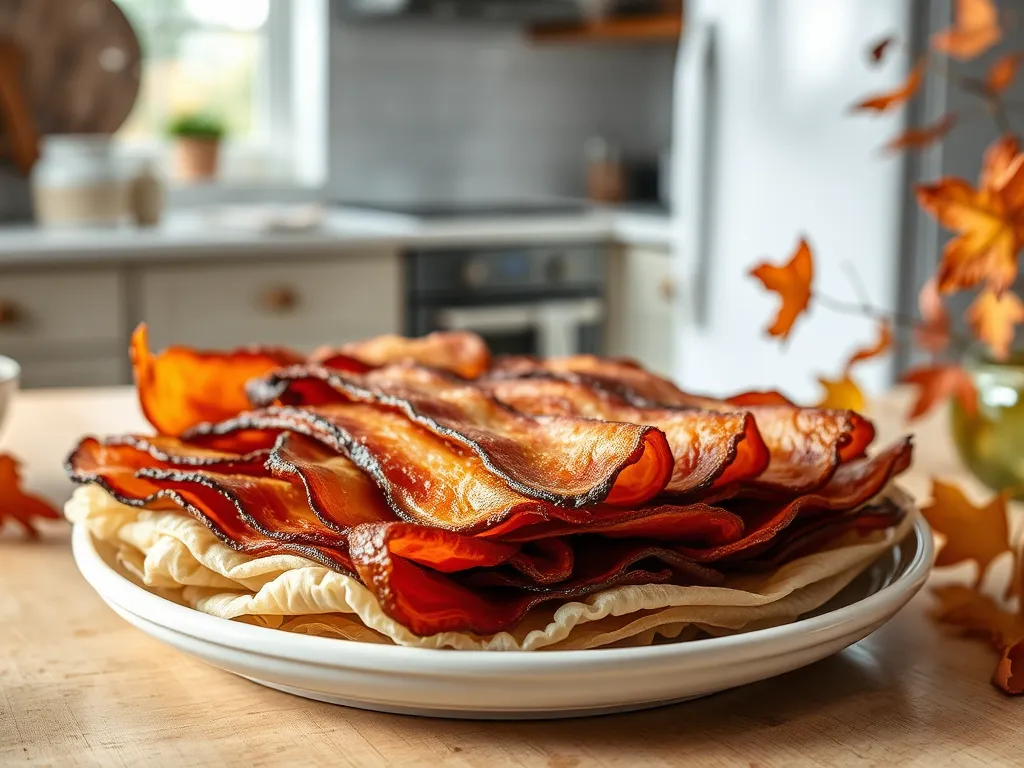 Deliciously cooked microwaved bacon stacked on a plate