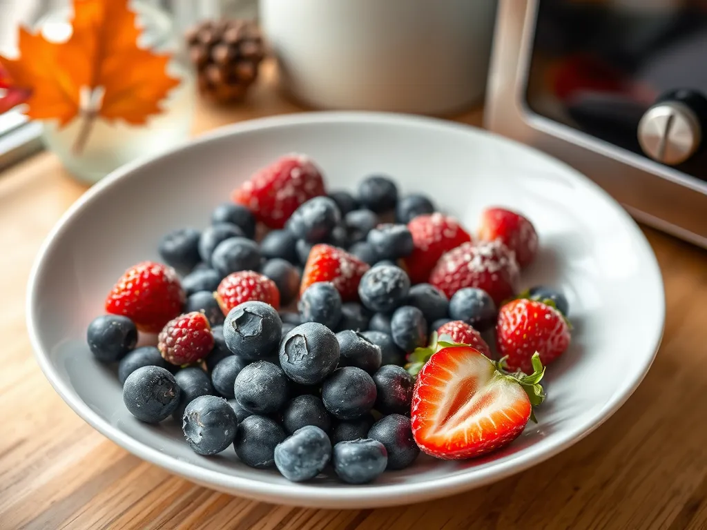A plate of blueberries and strawberries ready for microwave cooking.