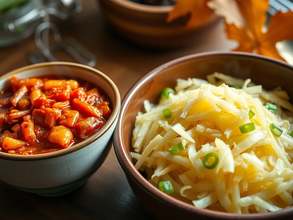 Kimchi and sauerkraut in bowls, exploring microwaving fermented foods