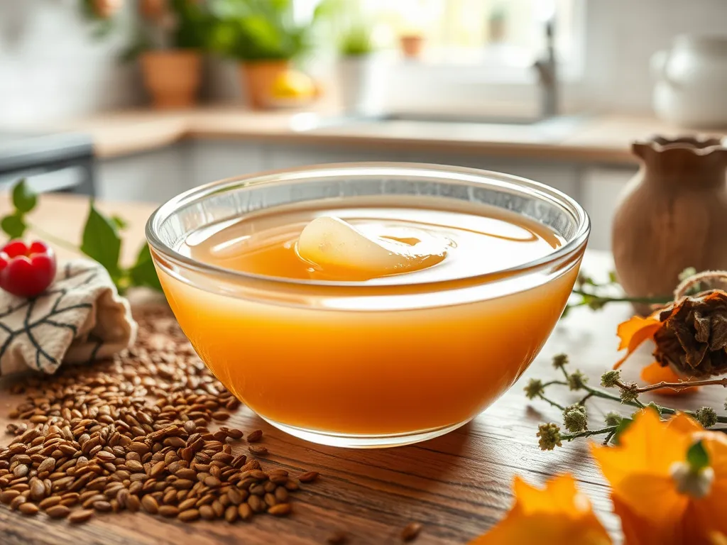 Bowl of microwaved flaxseed gel surrounded by flaxseeds and natural elements for haircare.