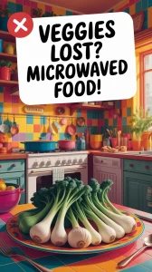 Broccoli and green onions on a colorful kitchen table highlighting nutrient loss in microwaved veggies