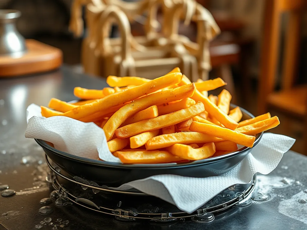 Rustic presentation of crispy microwaved fries with a golden finish to make them taste fried again.
