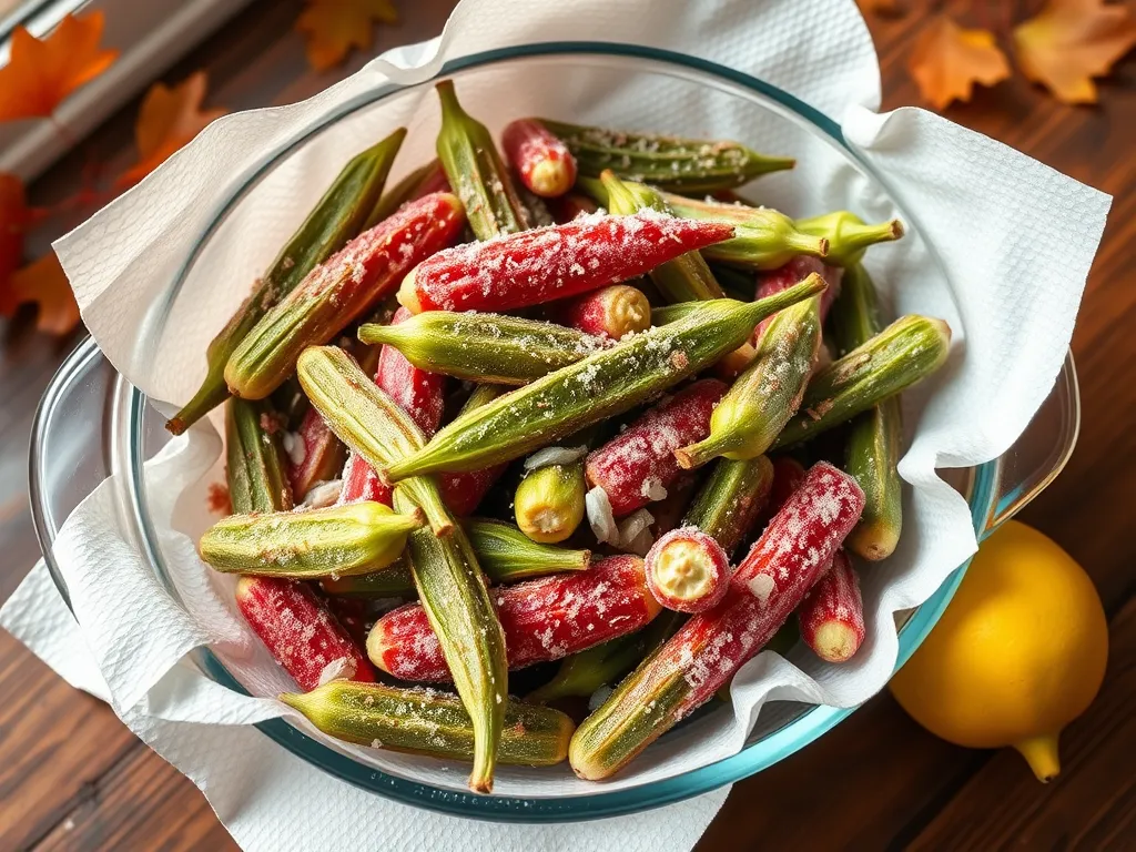 Bowl of frozen okra ready for microwaving without sliminess
