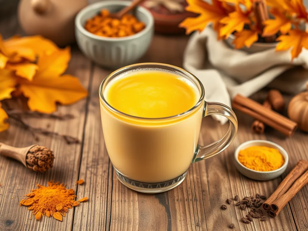 A delicious golden milk latte made with microwaved hemp milk, turmeric, and spices.