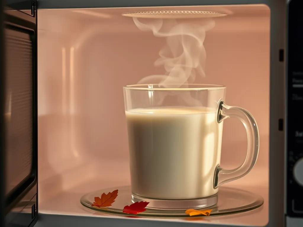 A cup of steaming milk in a microwave demonstrating the effects of microwaving on milk.