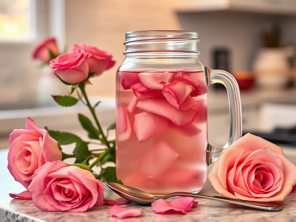 A jar of microwaved rosewater with fresh rose petals, perfect for skincare.