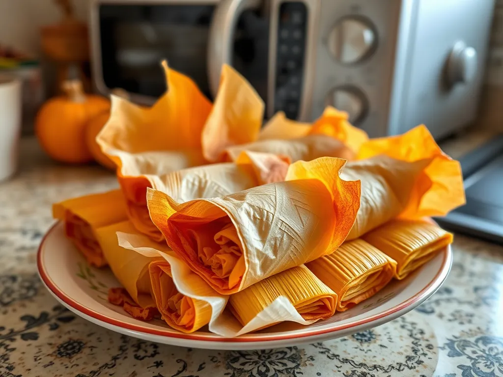 Plate of tamales wrapped and ready to be microwaved for quick cooking.