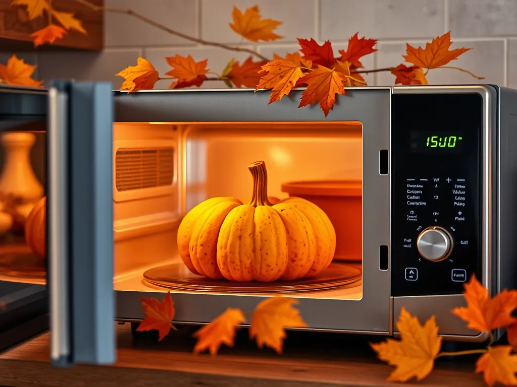 A pumpkin inside a microwave, illustrating how to cook pumpkin in a microwave.