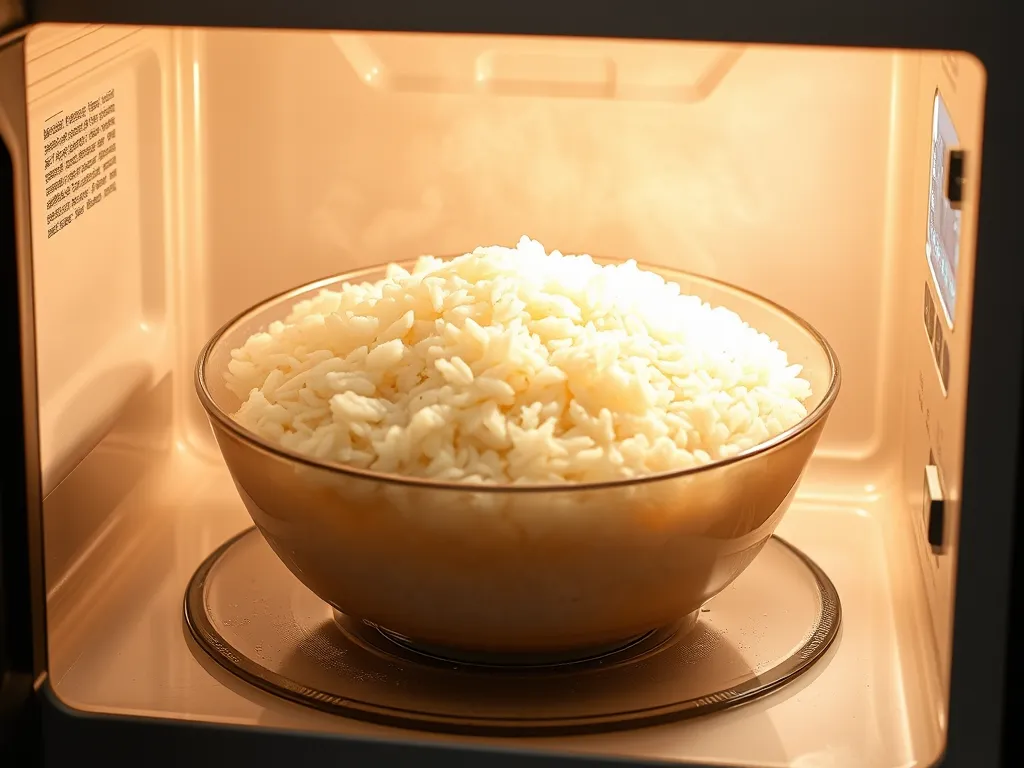 A bowl of rice being microwaved, illustrating the process of heating MRE pouches.