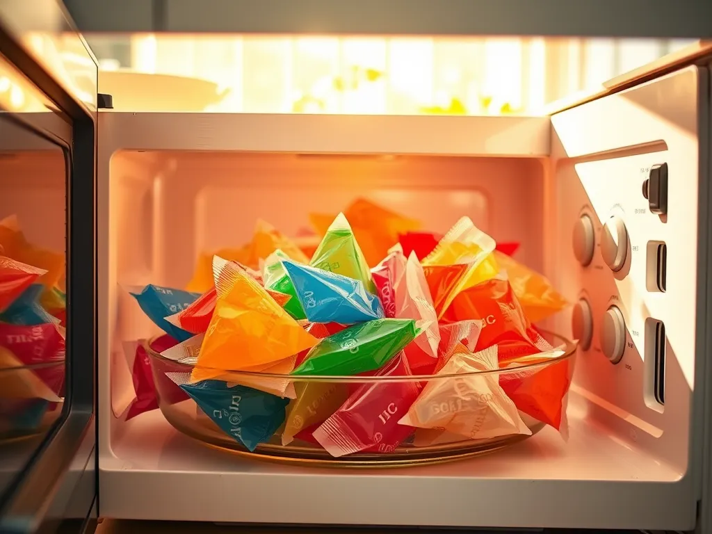 Colorful silica gel packets in a microwave, showcasing the recharging process.