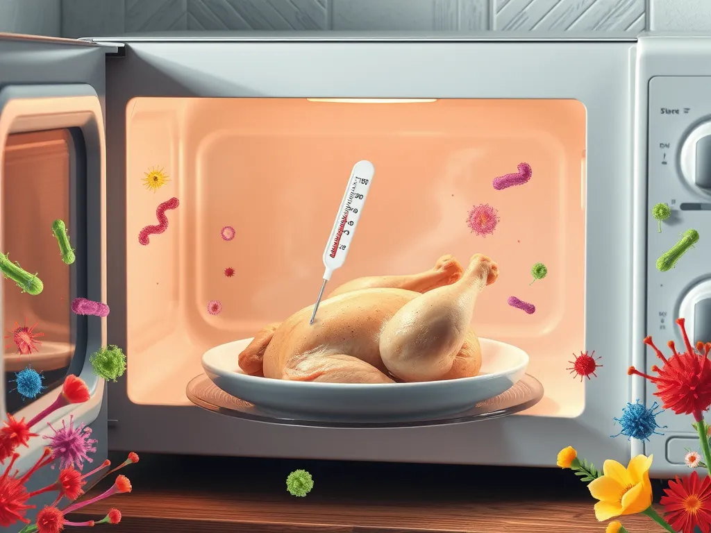 Microwave with chicken and bacteria illustrating gut flora disruption