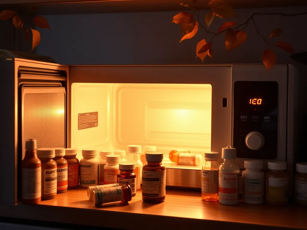 Medications placed inside a microwave, exploring the effects of microwaves on medications.