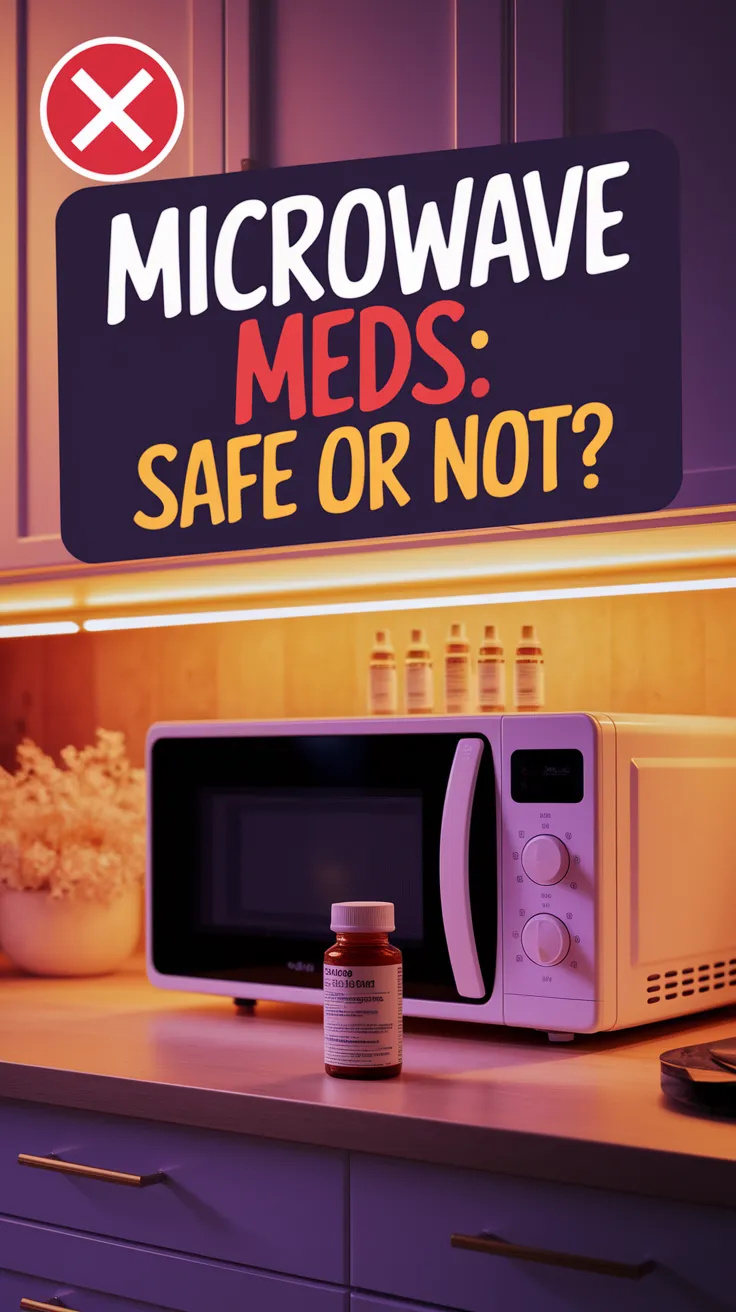 A microwave with a medicine bottle nearby, discussing whether microwaving medications is safe.