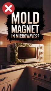 A moldy microwave in a damp kitchen, highlighting the issue of mold attraction in microwaves.
