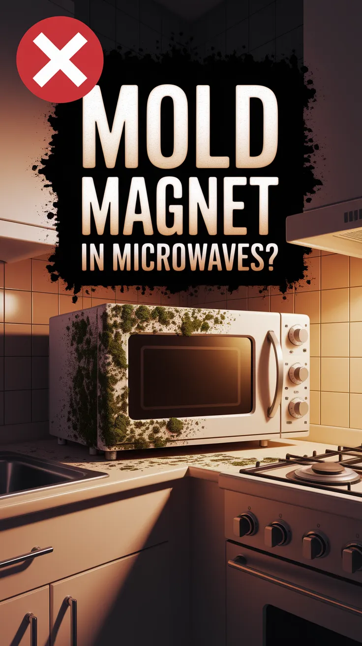 A moldy microwave in a damp kitchen, highlighting the issue of mold attraction in microwaves.