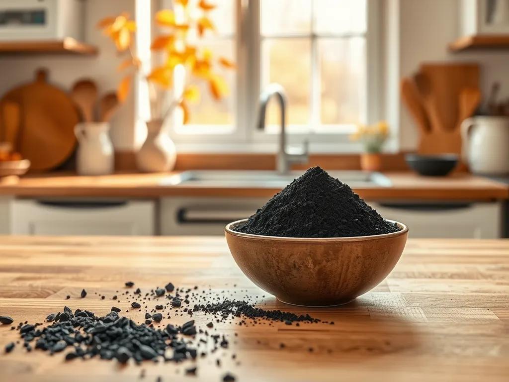 Bowl of activated charcoal powder for detox purposes on a kitchen counter