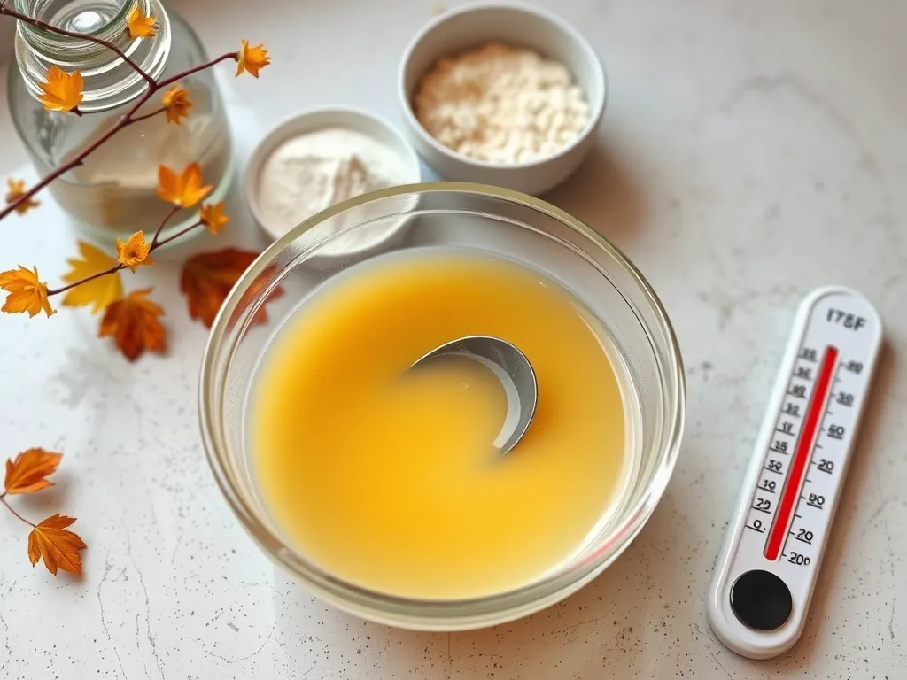 Melted agar-agar in a bowl with a thermometer, related to resetting gel texture.