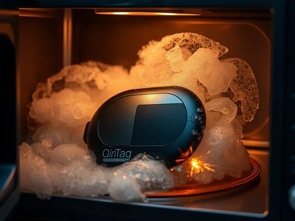 Apple AirTag inside a microwave amidst ice and steam, illustrating the concept of drying water-damaged devices.